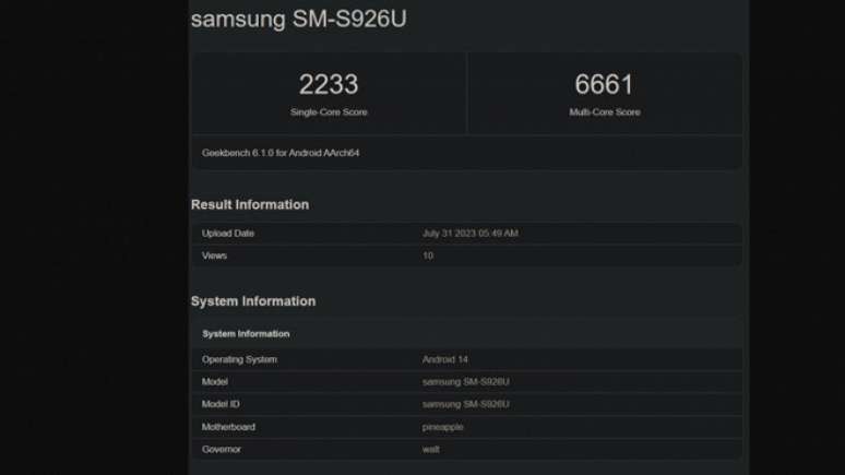 Pontuações do Snapdragon 8 Gen 3 no Geekbench utilizando um Samsung Galaxy S24+.