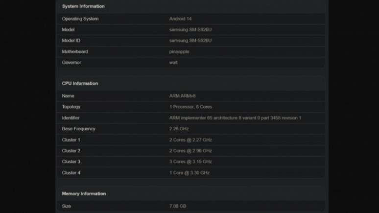 Configurações do Samsung Gaaxy S24+ com o processador Snapdragon 8 Gen 3.