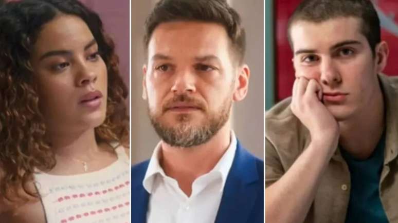 (Bella Campos), Theo (Emílio Dantas) e Rafael (Caio Manhente) em 'Vai na Fé'. Reprodução/Globo