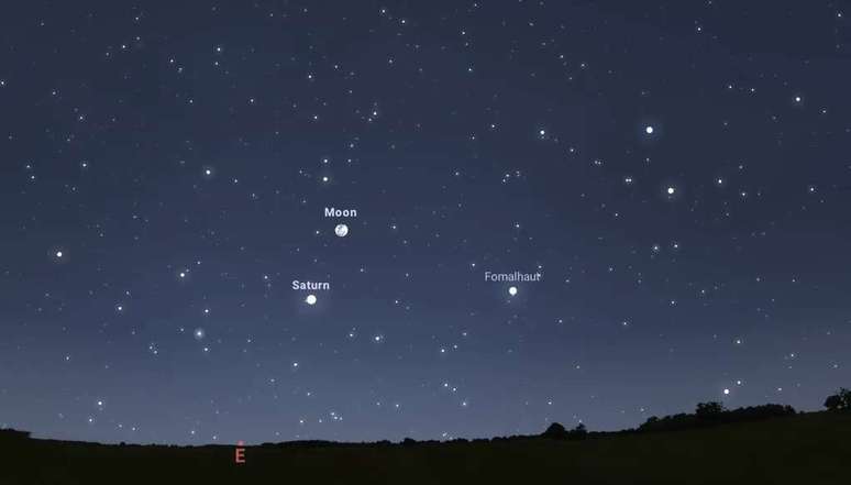 Posição da Lua e Saturno no céu às 20h35 (Imagem: Captura de tela/Stellarium)