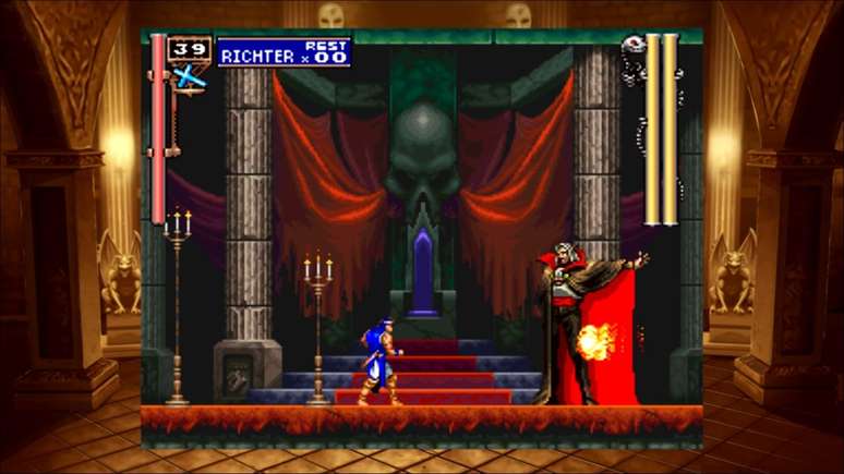 Richter Belmont enfrenta Drácula no estágio final de Castlevania: Rondo of Blood.