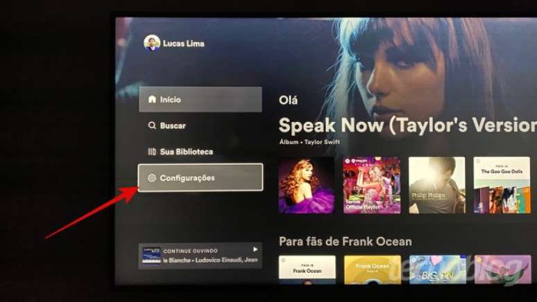 Opção de configurações no Spotify de uma TV Samsung 