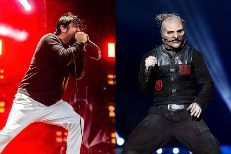 Deftones performa em Ohio, EUA, em maio de 2023, à esquerda; Slipknot no palco com as características máscaras