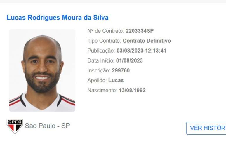 Lucas Moura apareceu no BID da CBF e poder&aacute; estrear no pr&oacute;ximo domingo (Reprodu&ccedil;&atilde;o: CBF)
