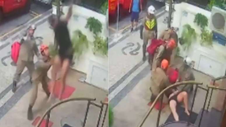 Momento em que Sidney Sampaio pulou e foi amparado por bombeiros