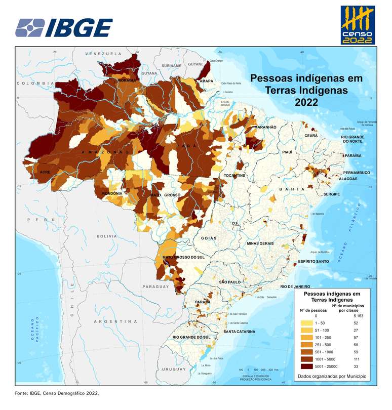Levantamento do IBGE aponta que 689.202 pessoas vivem em Terras Indígenas, sendo 622.066 delas (90,26%) indígenas e 67.136 (9,74%) não indígenas