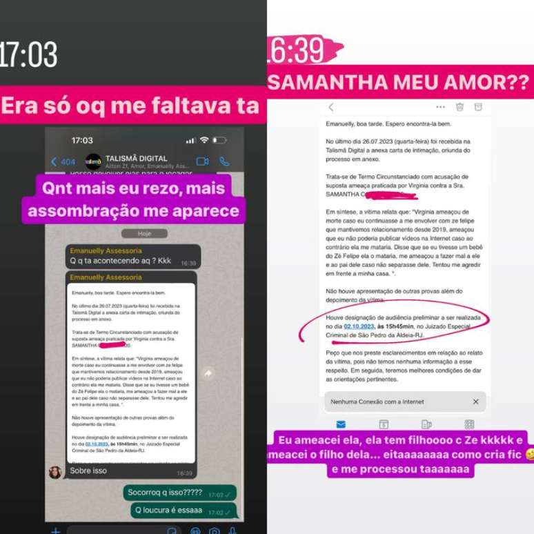 Virginia mostra que foi processada por suposta ex-amante de Zé Felipe