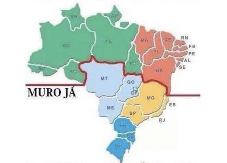 Imagem compartilhada quase 10 mil vezes no Twitter junto a falas de Zema mostra Brasil dividido por 'muro' separando Norte e Nordeste