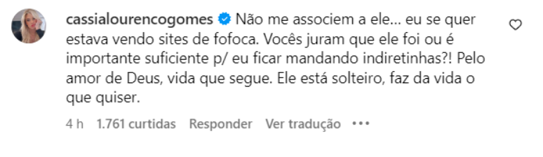 Cássia Lourenço se pronunciou sobre o término com Éder Militão