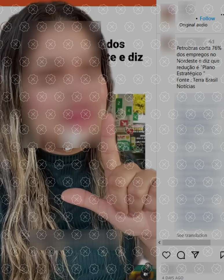 Print de post mostra imagem de uma mulher n&atilde;o identificada fazendo o L com a m&atilde;o, em refer&ecirc;ncia ao presidente Lula; legenda engana ao atribuir ao governo petista corte de 76% nas vagas de emprego da Petrobras no Nordeste.