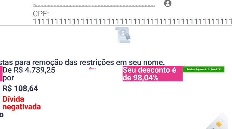 Captura de tela mostra que o site falso aceita quaisquer caracteres no campo destinado ao nome, além de sequências numéricas de CPFs com dezenas de dígitos.
