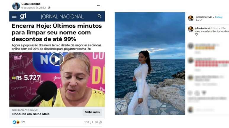 Imagem mostra que a foto usada por um dos perfis falsos que usa o nome de Clara Elkebbe (à esq.), e que difunde a página enganosa noticias-agora.me, é da modelo alemã Julia Knezevic (à dir.), que não possui indício de envolvimento no golpe.