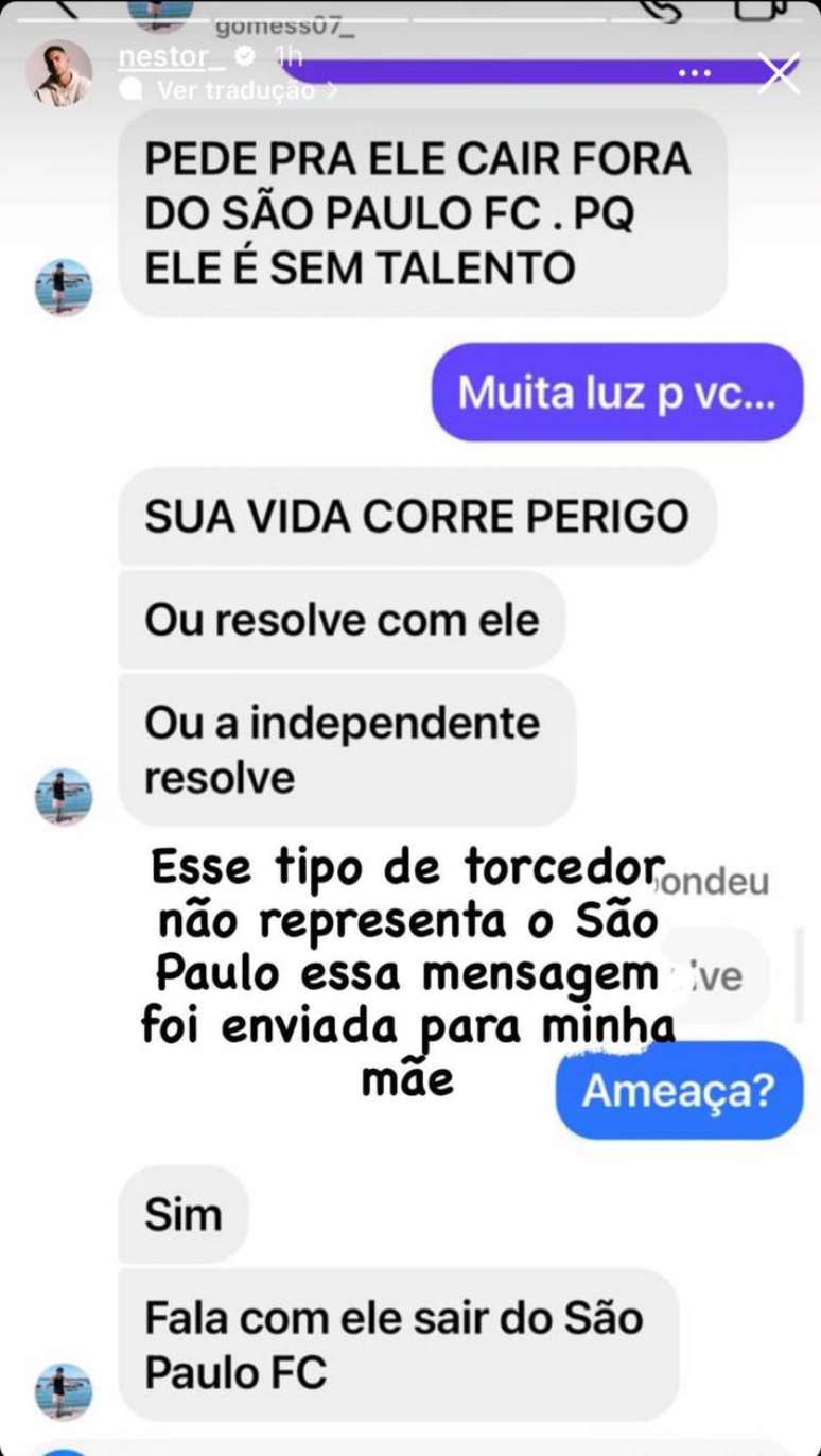 Torcedor s&atilde;o-paulino amea&ccedil;ou a m&atilde;e de Rodrigo Nestor.