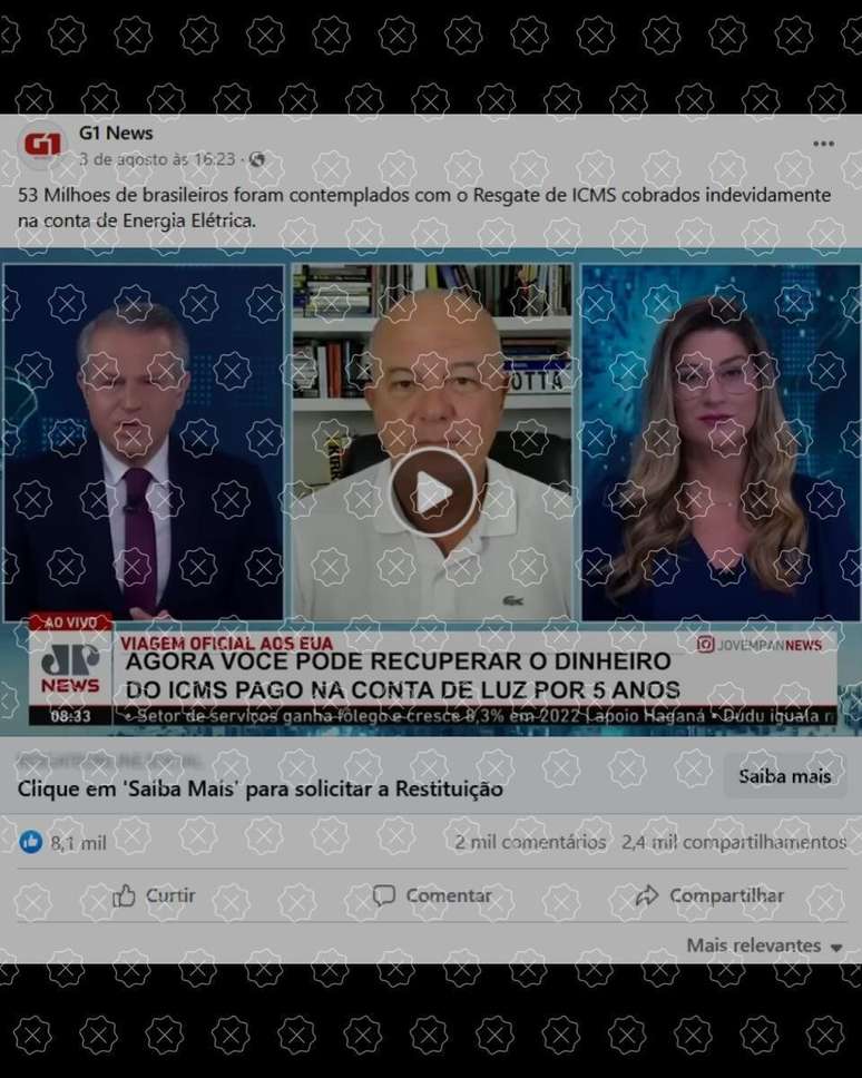 The screenshot shows an edited excerpt from an edited report by Jovem Pan News that was used to spread a scam promising the return of ICMS values from electricity bills The screenshot shows an edited excerpt from an edited report by Jovem Pan News that was used to spread a scam promising the return of ICMS values from electricity bills