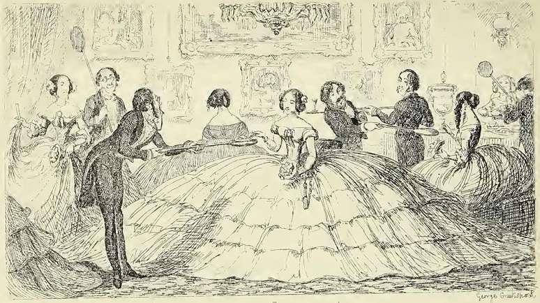 "A Splendid Spread", sátira de uma versão inicial inflável (com tubo de ar) da crinolina, por George Cruikshank, do The Comic Almanack, 1850