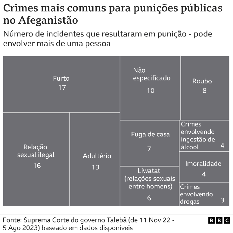 Gr&aacute;fico sobre crimes mais comuns para puni&ccedil;&otilde;es p&uacute;blicas no Afeganist&atilde;o