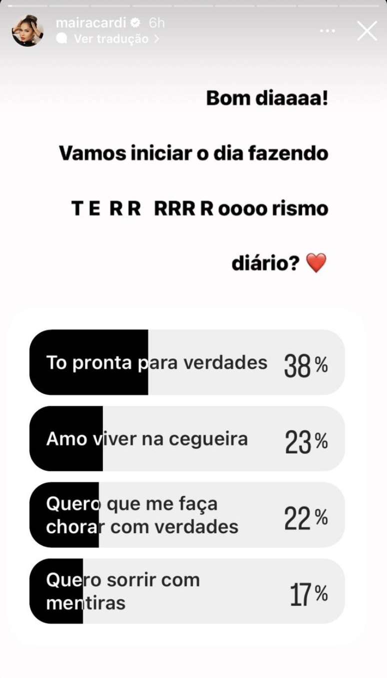 Story publicado pela influenciadora Maíra Cardi na manhã desta segunda-feira, 14, ironizando críticas de Daniel Cady.