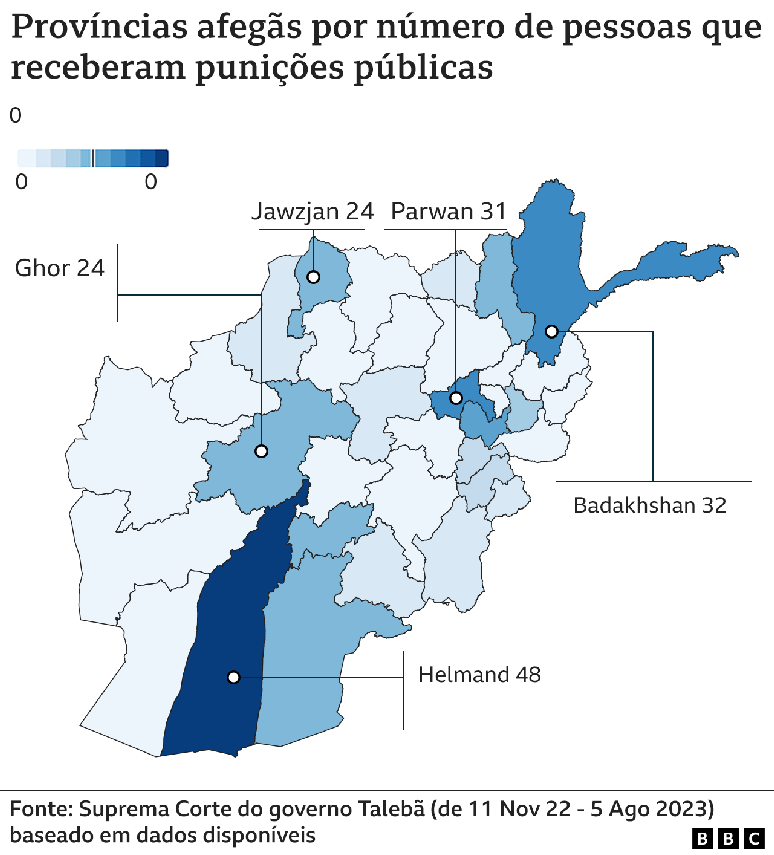 Gr&aacute;fico sobre prov&iacute;ncias afeg&atilde;s por n&uacute;mero de pessoas que receberam puni&ccedil;&otilde;es p&uacute;blicas