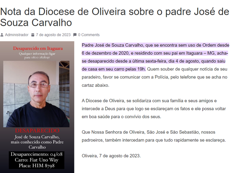 Diocese chegou a fazer publicação sobre desaparecimento de padre, pedindo por informações do religioso