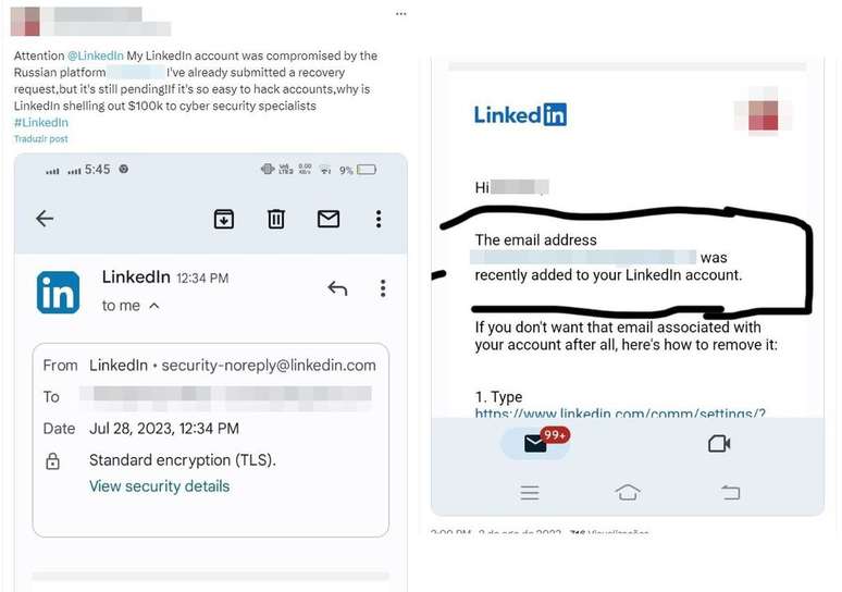 Comprometimento de contas no LinkedIn seguem um padrão que envolve a troca de e-mails, sempre por um do mesmo domínio, e até ativação de protocolos de segurança para evitar recuperação pelo usuário original (Imagem: Captura de tela/Felipe Demartini/Canaltech)