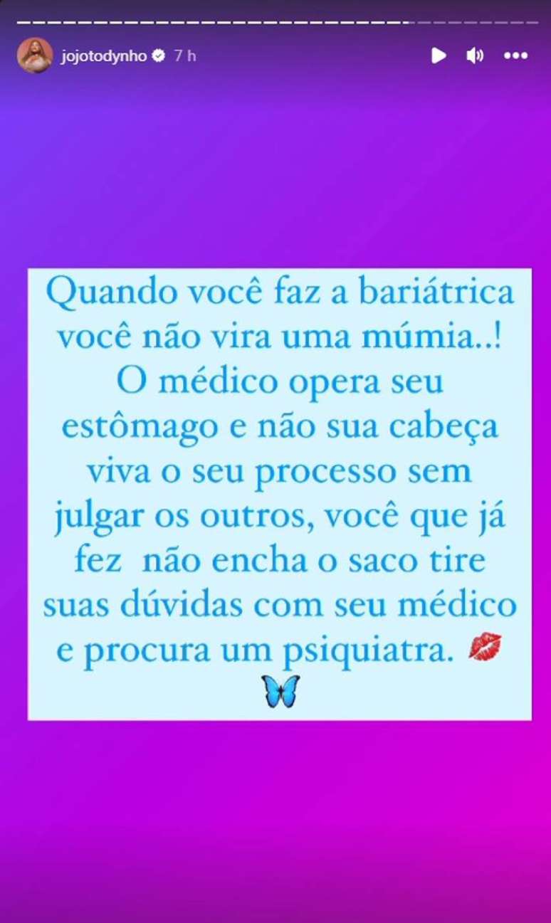 Jojo Todynho rebateu críticas de seguidores após fazer cirurgia bariátrica