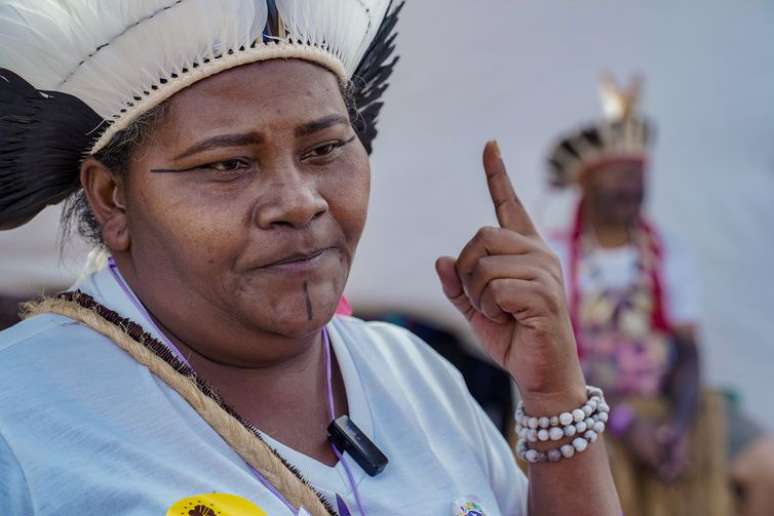 Gracilda Pereira, indígena da Coelho, Aticum-Jurema (Petrolina-Pernambuco), acampada no Pavilhão de Exposições do Parque da Cidade, em Brasília, para a 7ª Marcha das Margaridas