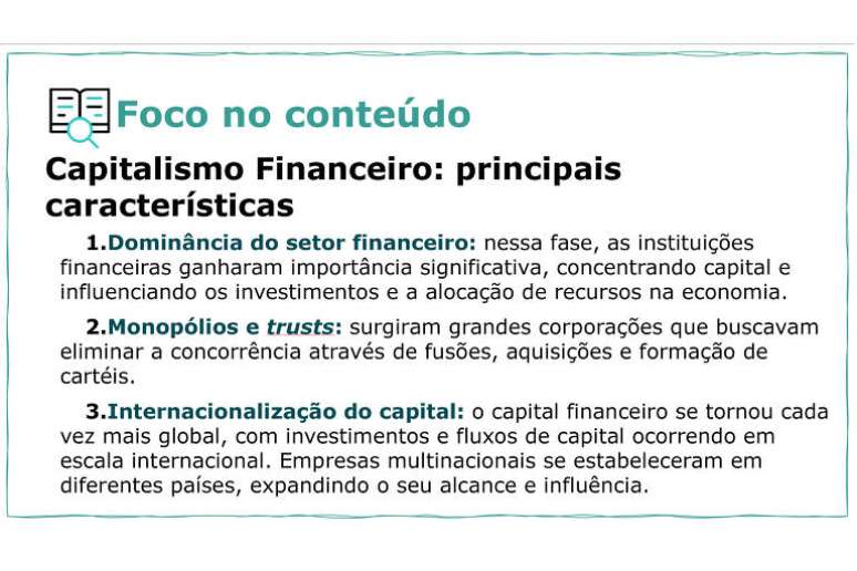 Um dos slides usados na aula de Geografia traz a noção do que é capitalismo financeiro