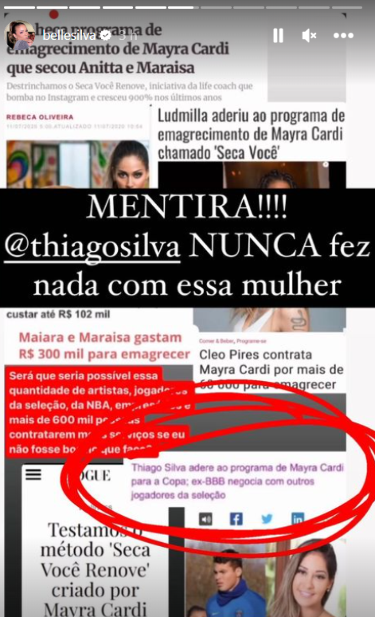 No Instagram, Belle explicou que Thiago nunca contratou os serviços de Maíra Cardi