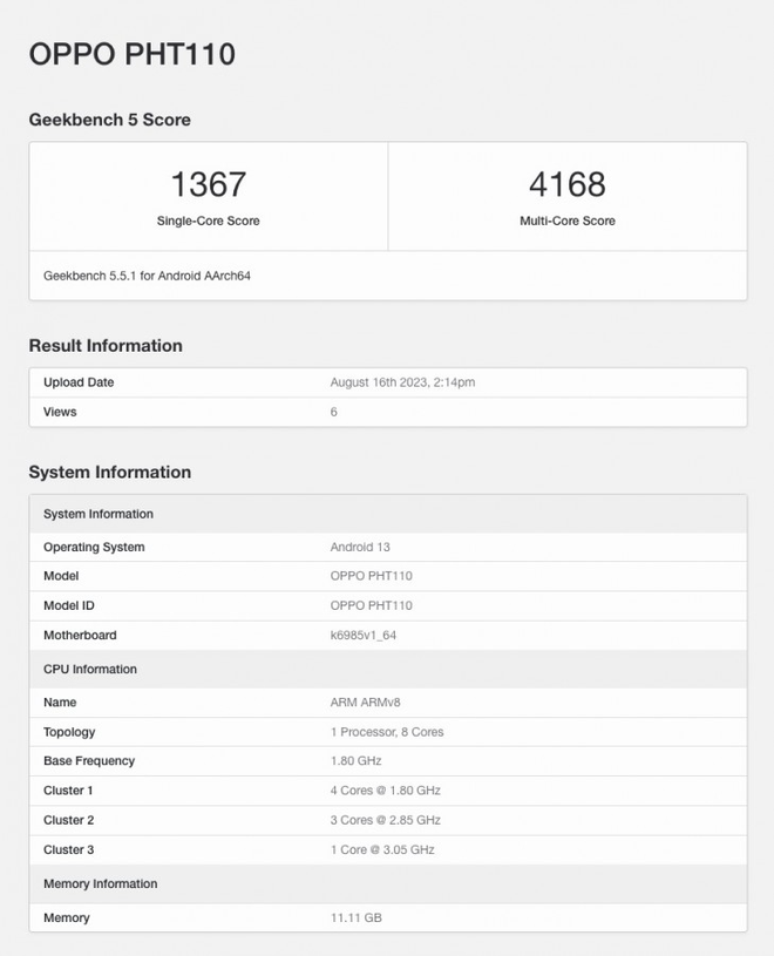 Oppo Find N3 Flip deve ter Dimensity 9200 e versão com 12 GB de memória RAM (Imagem: Geekbench)