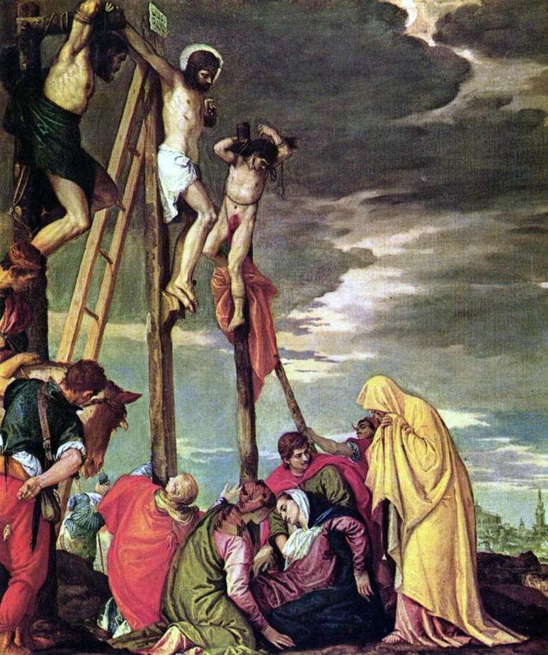 Jesus crucificado entre os ladr&otilde;es, em pintura de Veronese, s&eacute;culo 16. Tradicionalmente, o bom ladr&atilde;o &eacute; o que est&aacute; &agrave; direita de Jesus