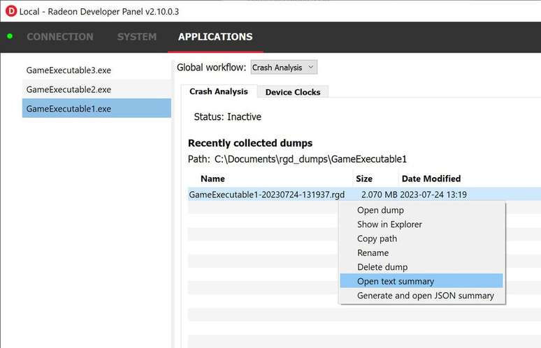 Os arquivos gerados pelo RGD aparecem na aba Applications, dentro do Radeon Developer Panel, para consulta (Imagem: Reprodução/AMD GPU Open)