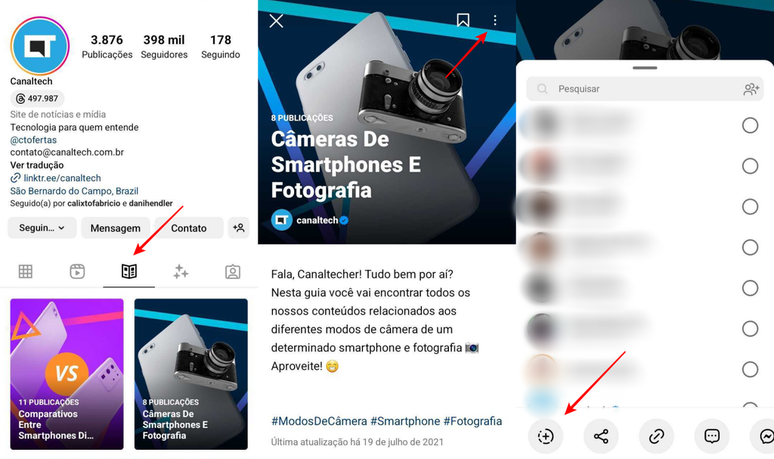 Disponível para criadores de conteúdo, você também pode repostar coleções nos seus stories (Imagem: Captura de tela/Fabrício Calixto/Canaltech)