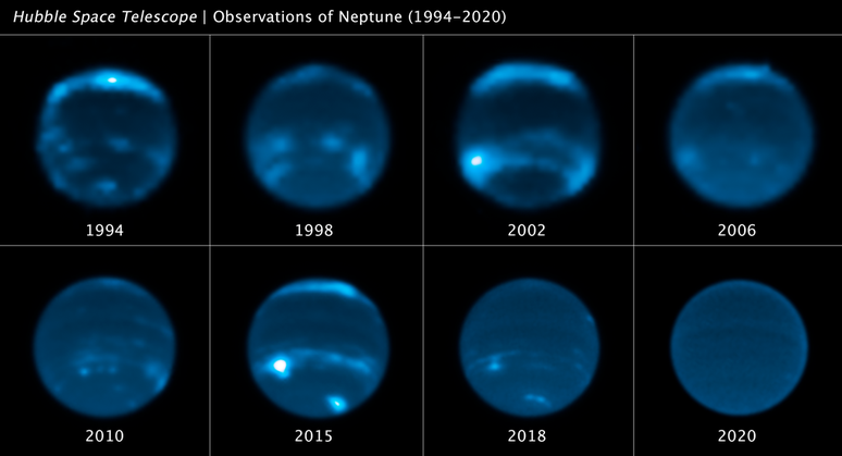 Sequência de imagens de Netuno capturadas pelo telescópio Hubble, mostrando o aparecimento e desaparecimento das nuvens por lá (Imagem: Reprodução/NASA, ESA, Erandi Chavez (UC Berkeley), Imke de Pater (UC Berkeley)