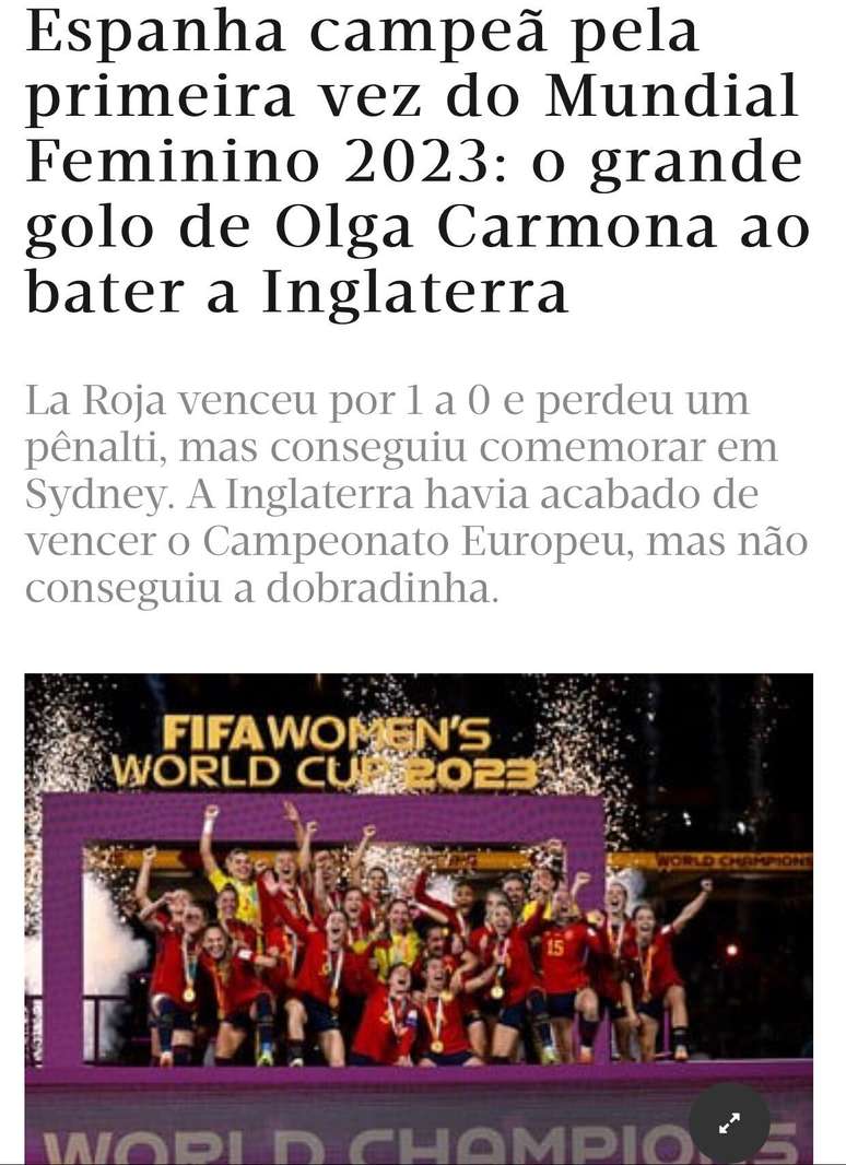 Espanha bate a Inglaterra e é campeã pela 1ª vez da Copa do Mundo Feminina