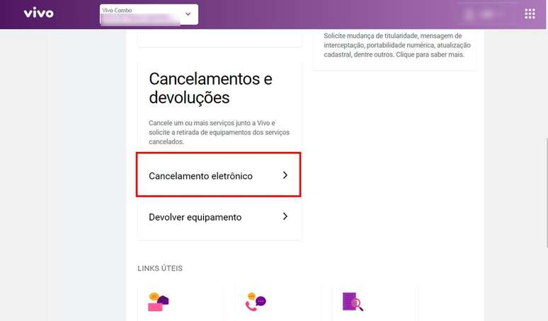 Cancel a Vivo plan via the website (Image: Screenshot/André Magalhães/Canaltech)