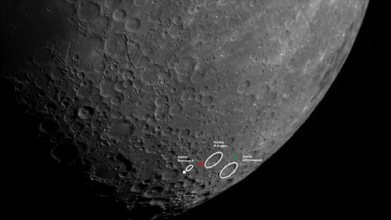 A ideia original era que a Luna-25 pousasse na cratera indicada em verde (Imagem: Roscosmos)