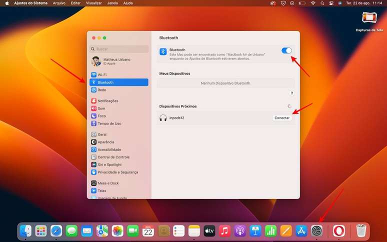 Você pode sincronizar um fone de ouvido Bluetooth no Mac acessando os preferências do sistema (Imagem: Captura de tela/Fabrício Calixto/Canaltech)