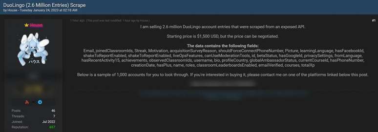 Postagem original oferecendo pacote de dados de 2,6 milhões de usuários do Duolingo por US$ 1.500, aproximadamente R$ 7,4 mil; informações seriam fruto de raspagem de dados (Imagem: Reprodução/Bleeping Computer)