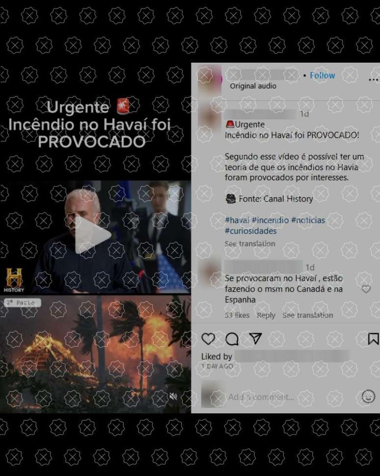 Print mostra post no Instagram que alega que o canal History afirmou que o incêndio no Havaí foi provocado; gravação, no entanto, não pertence ao canal.