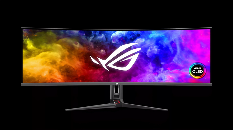 Com 49 polegadas, o ASUS ROG Swift OLED PG49UCD é uma opção extrema com painel QD-OLED em proporção 32:9 e taxa de atualização de 144 Hz (Imagem: Reprodução/ASUS)