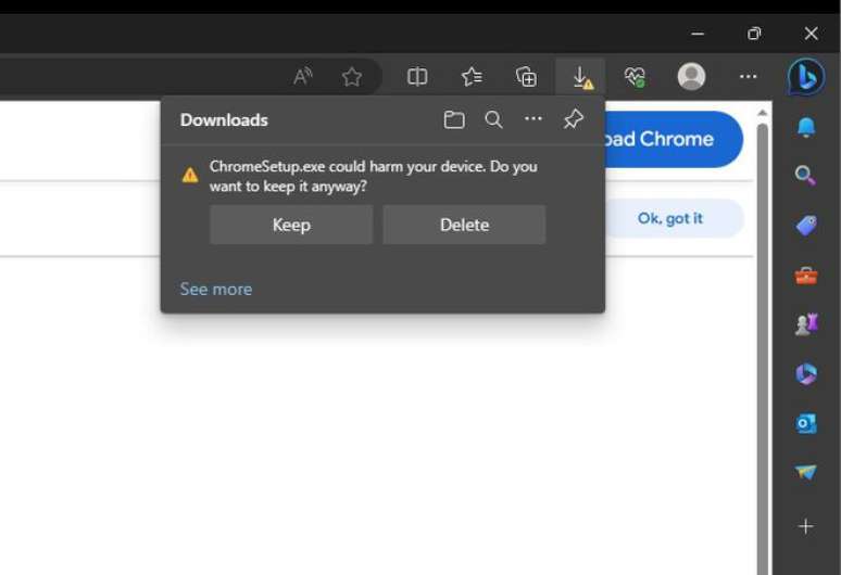 Edge pode considerar o instalador do Chrome como um arquivo perigoso (Imagem: Reprodução/Windows Latest)