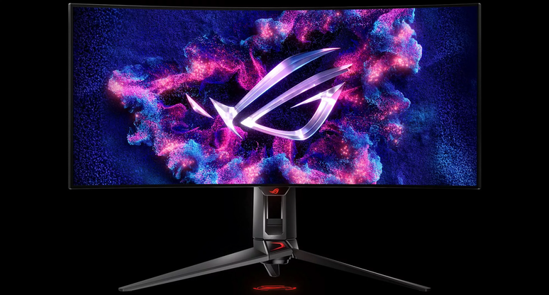 O ASUS ROG Swift OLED PG34WCDM traz um painel WOLED ultrawide de 34 polegadas, com resolução WQHD+, taxa de 240 Hz e curvatura acentuada de 800R (Imagem: Reprodução/ASUS)