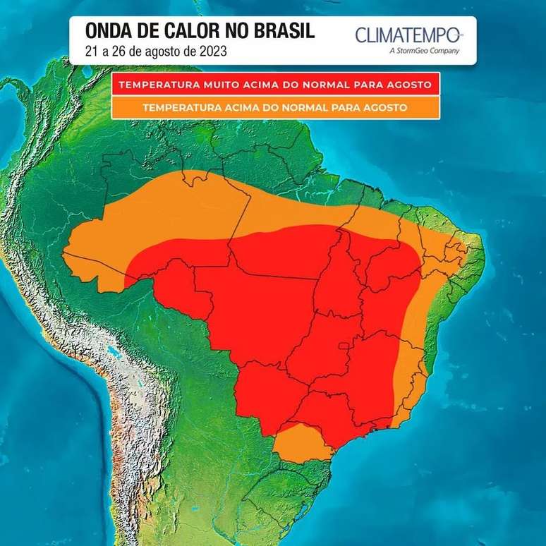 Nesta semana, a onda de calor deve se estabelecer sobre o Brasil até 26 de agosto de 2023