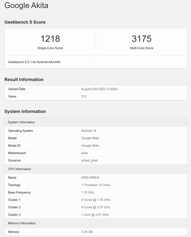 Identificado pelo codinome "Akita", o Pixel 8a foi encontrado no Geekbench com inédito chip Tensor G3, 8 GB de RAM e Android 14 (Imagem: Reprodução/Geekbench)