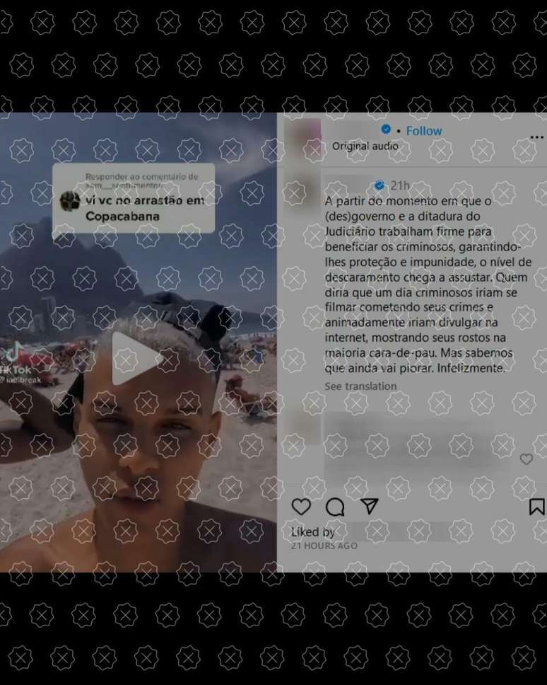 Print mostra trecho de vídeo em que o influenciador digital Thiago Alcântara, conhecido como Break, diz que fará arrastão em praia do RJ; gravação, no entanto, é encenada, não é real