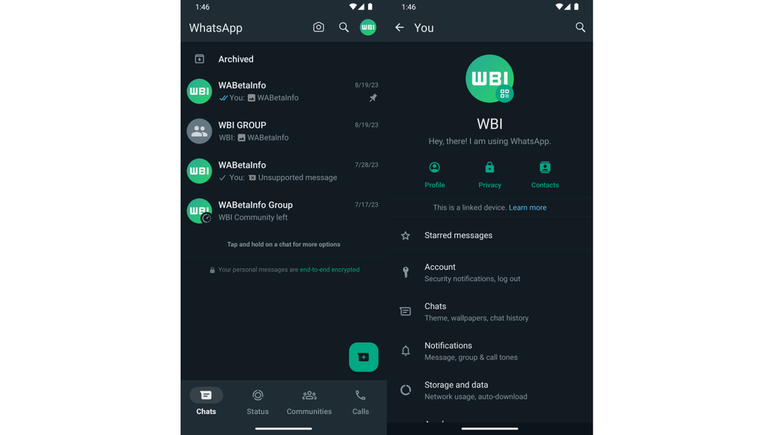 O WhatsApp Beta para Android experimenta uma nova interface do menu de configurações (Imagem: Reprodução/WABetaInfo)