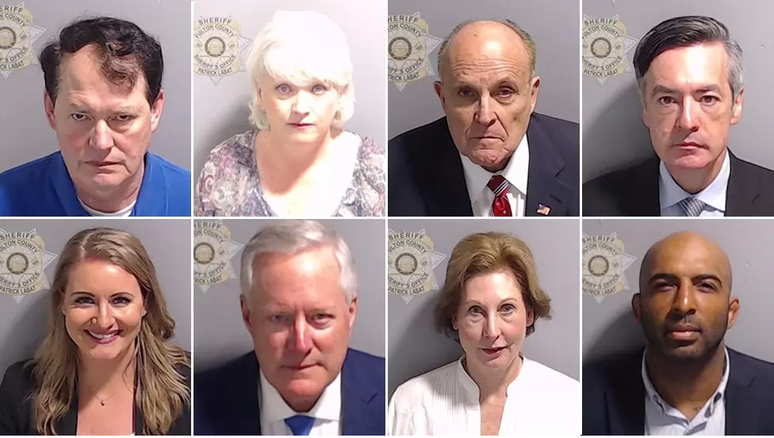 No sentido horário: Ray Smith, Cathy Latham, Rudy Giuliani, Kenneth Chesebro, Harrison Floyd, Sidney Powell, Mark Meadows, Jenna Ellis