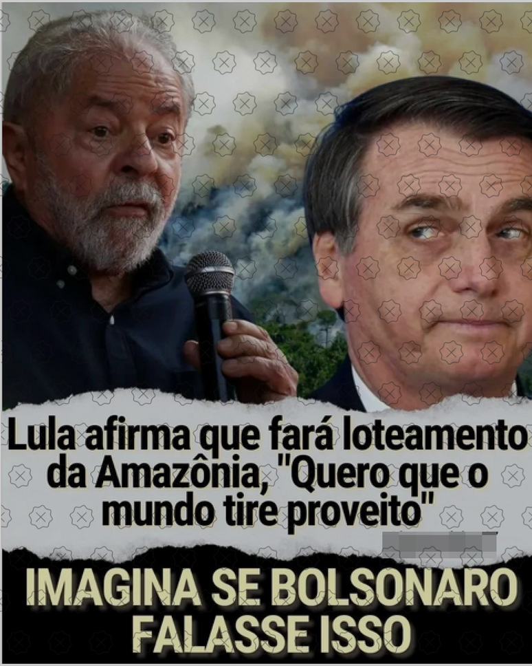 Imagem que vem sendo compartilhada nas redes mostra fotos de Lula e Bolsonaro com a legenda: ‘Lula afirma que fará loteamento da Amazônia. Imagina se Bolsonaro falasse isso’