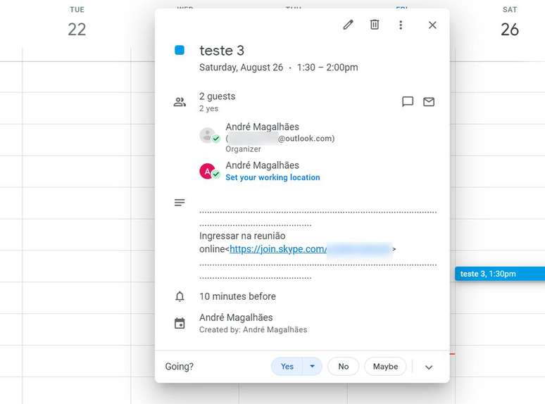 Google Agenda mostra o nome e a função das contas do Outlook em eventos (Imagem: Captura de tela/André Magalhães/Canaltech)