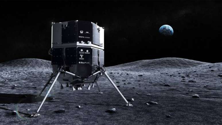 Imagem de simulação da nave espacial Hakuto, da empresa japonesa iSpace, na Lua.